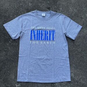 Noah NYC grey archive t shirt vintage font “the meek shall inherit the earth”